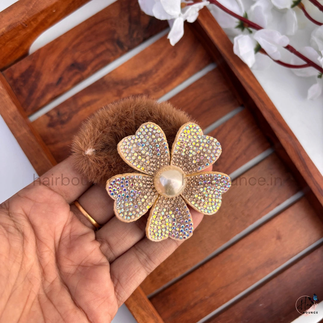 Luxe Pearl Blossom Faux Fur Scrunchie