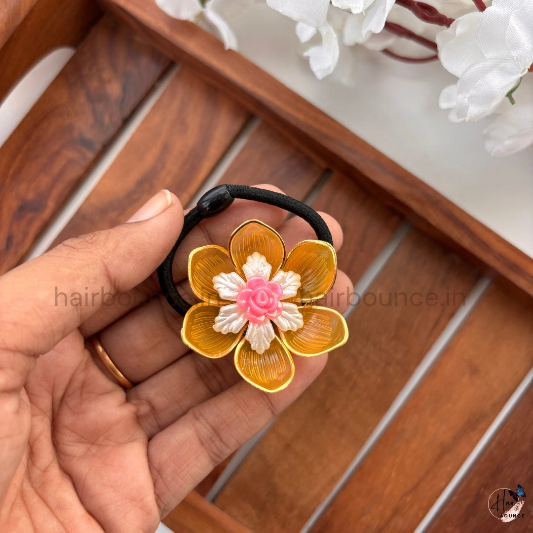 Amber Blossom Floral Ponytail Hair Tie with Pink Rose