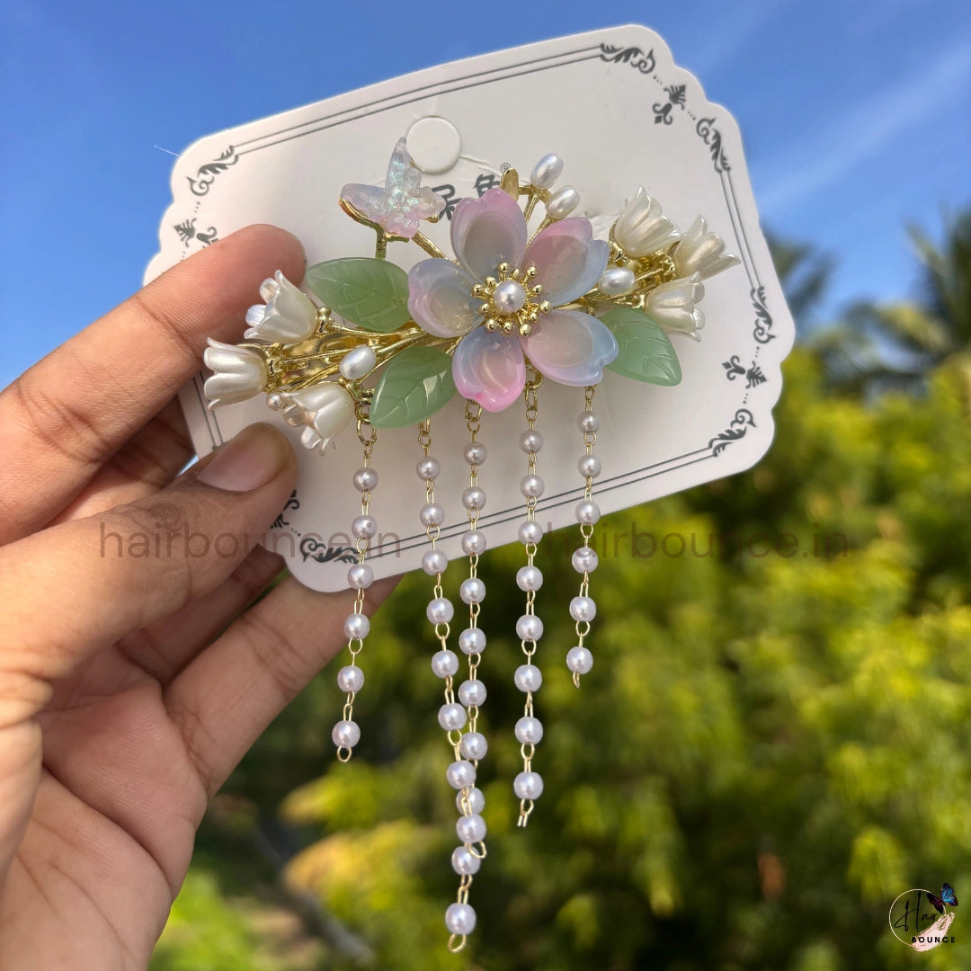 Pearl Jasmine Blossom Tassel Hair Clip with Dangling Chains