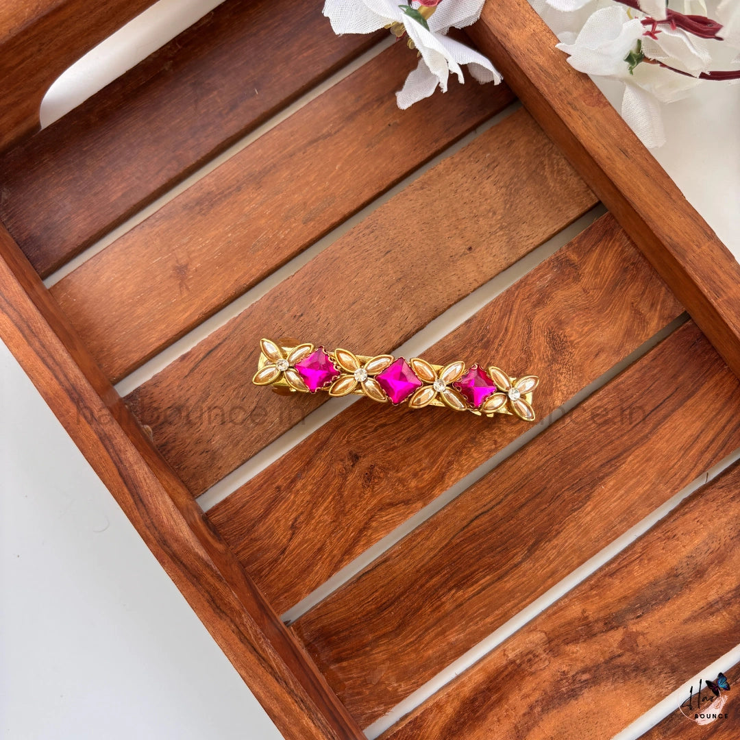 Rose Pink Floral Crystal Center Hair Clip