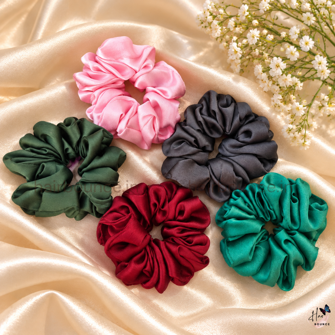 Everyday Solid Satin Scrunchies – Set of 5 (Regular)