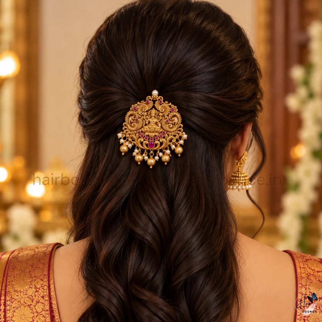 Premium Goddess Lakshmi Peacock Temple Hair Brooch with Golden Pearl Hangings