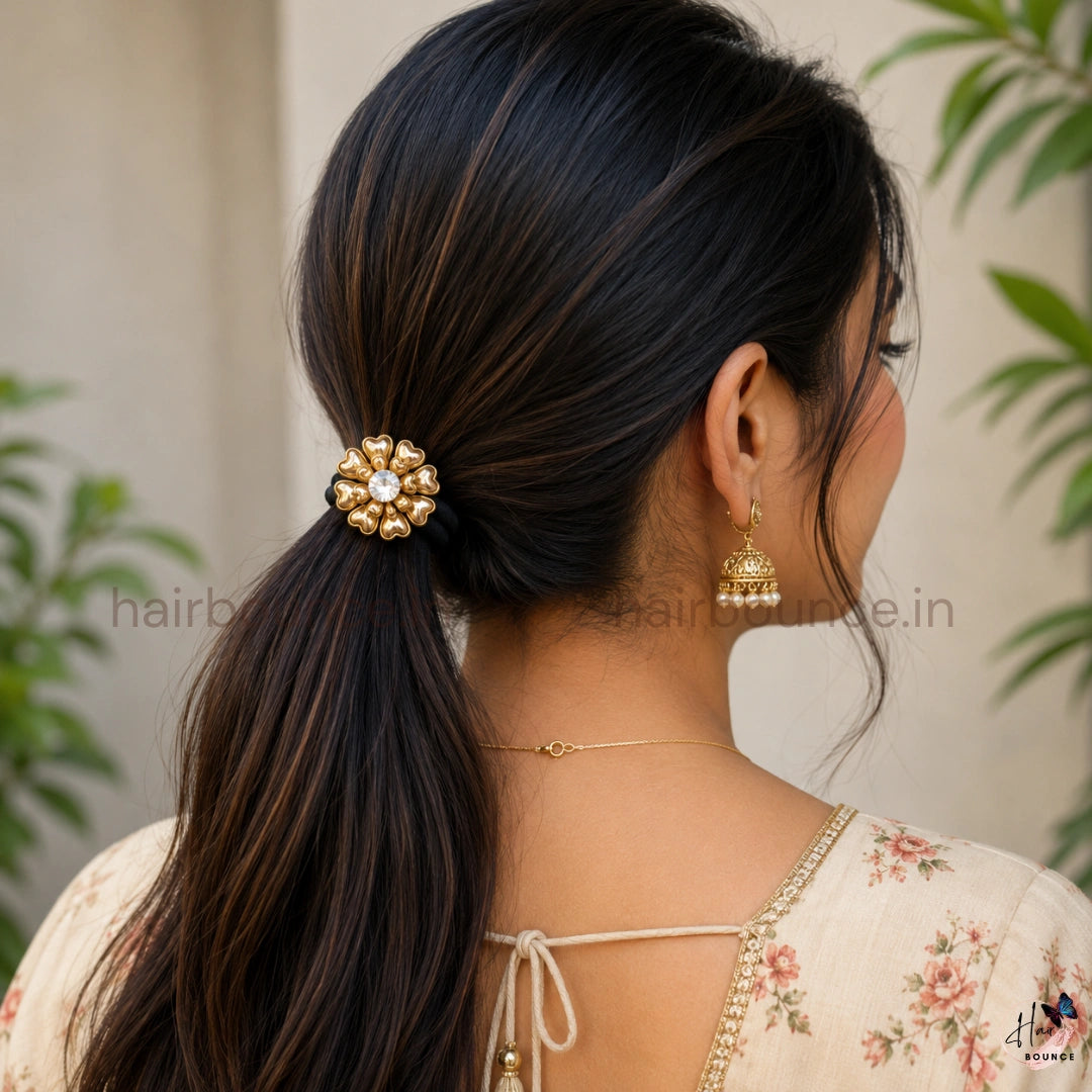 Golden Floral Kundan Hair Tie with Crystal Stone