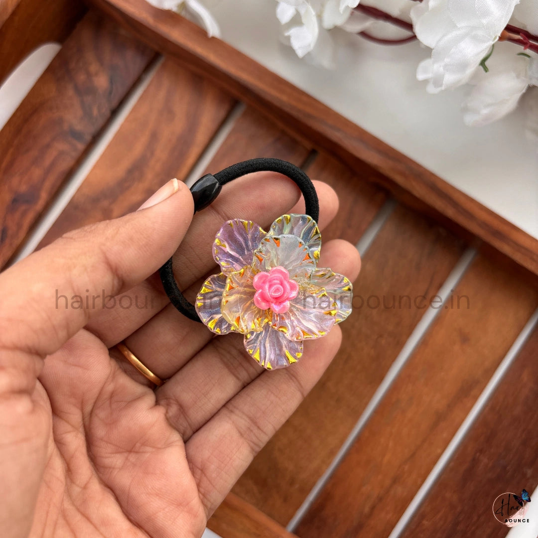 Crystal Petal Floral Ponytail Hair Tie with Pink Rose