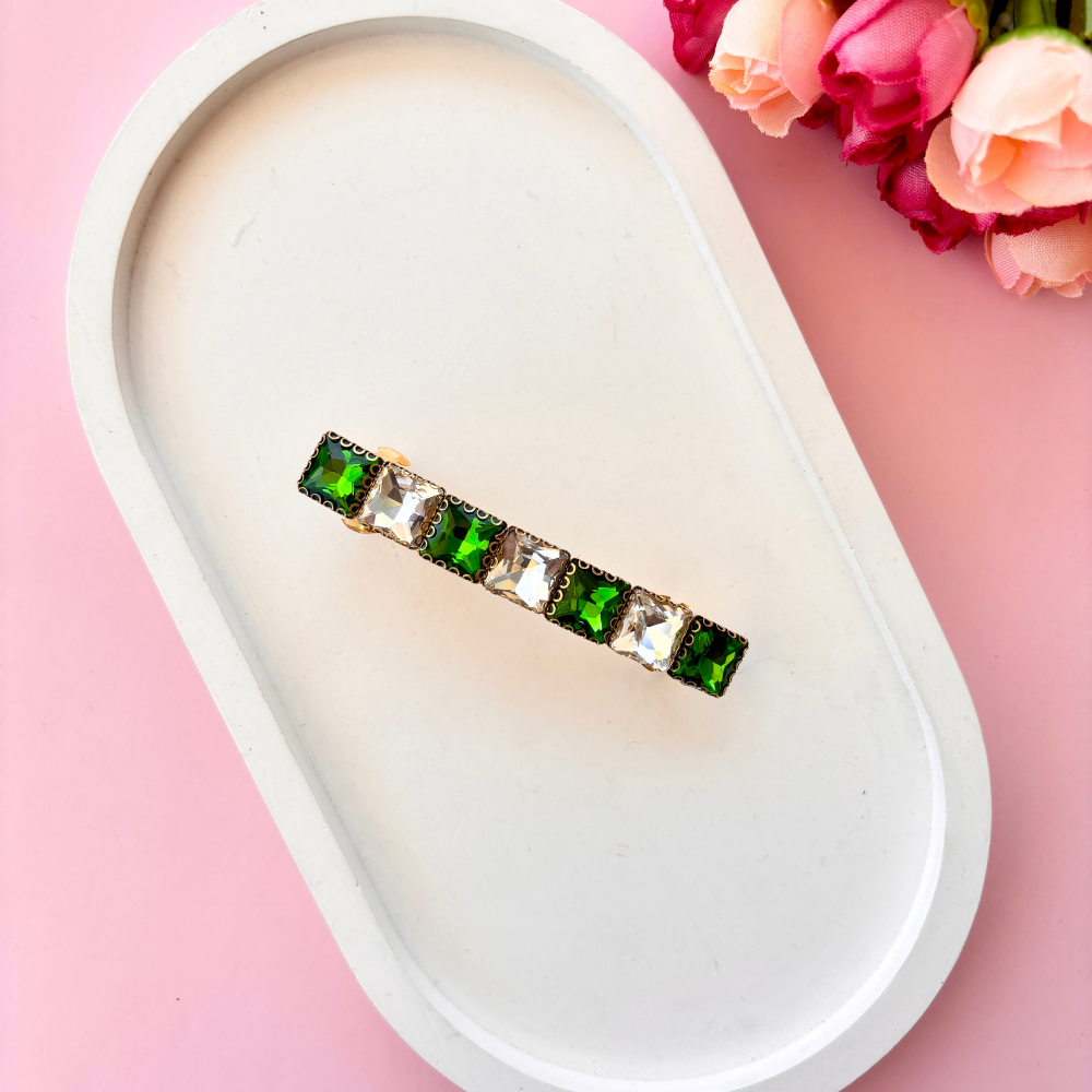 Square Crystal Hair Clip - Green White