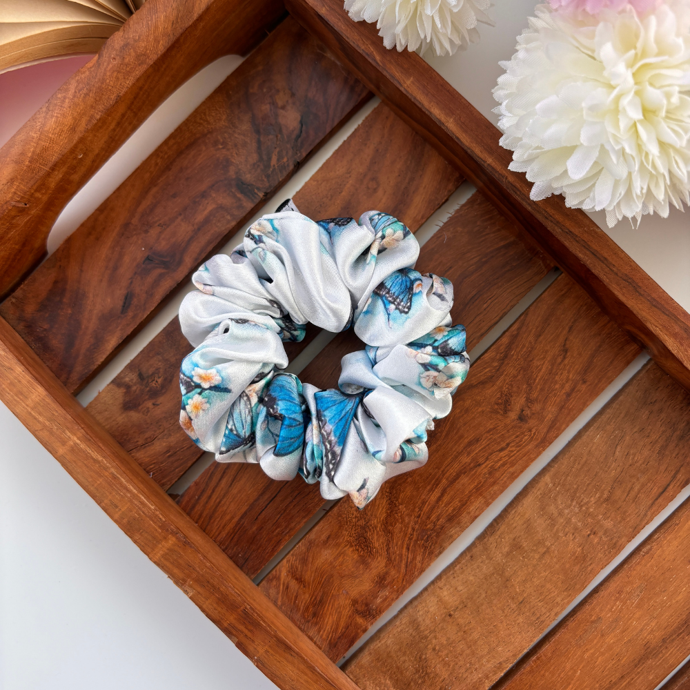 🦋 Blue Butterfly Dream Satin Scrunchie - Regular