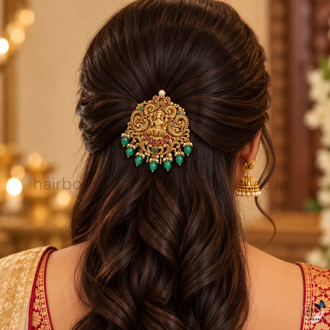 Goddess Lakshmi Peacock Temple Hair Brooch with Green Bead Hangings