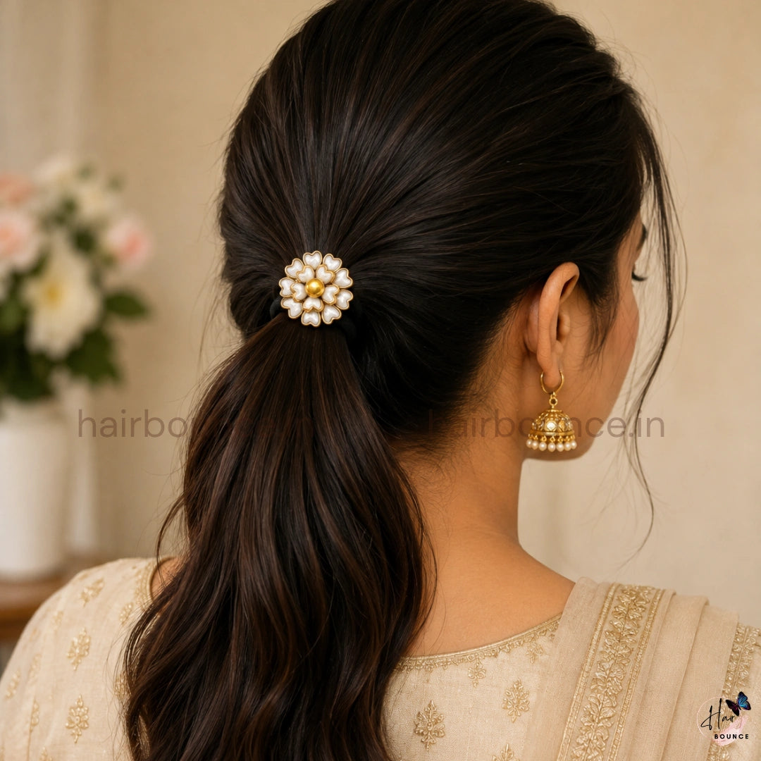 Golden Pearl Floral Designer Hair Tie