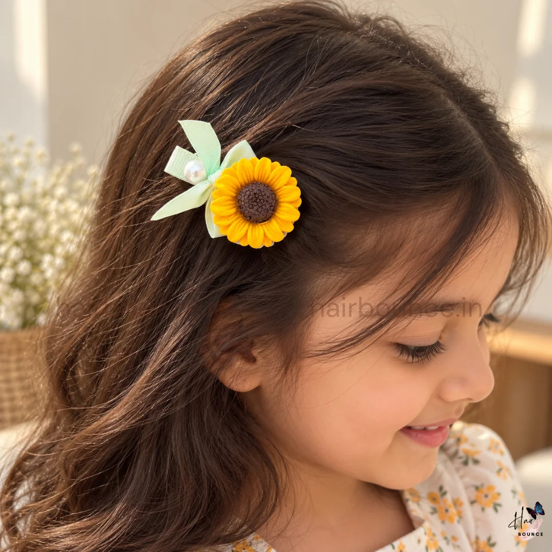 Sunshine Sunflower Hair Clip with Pearl & Ribbon Bow – Yellow