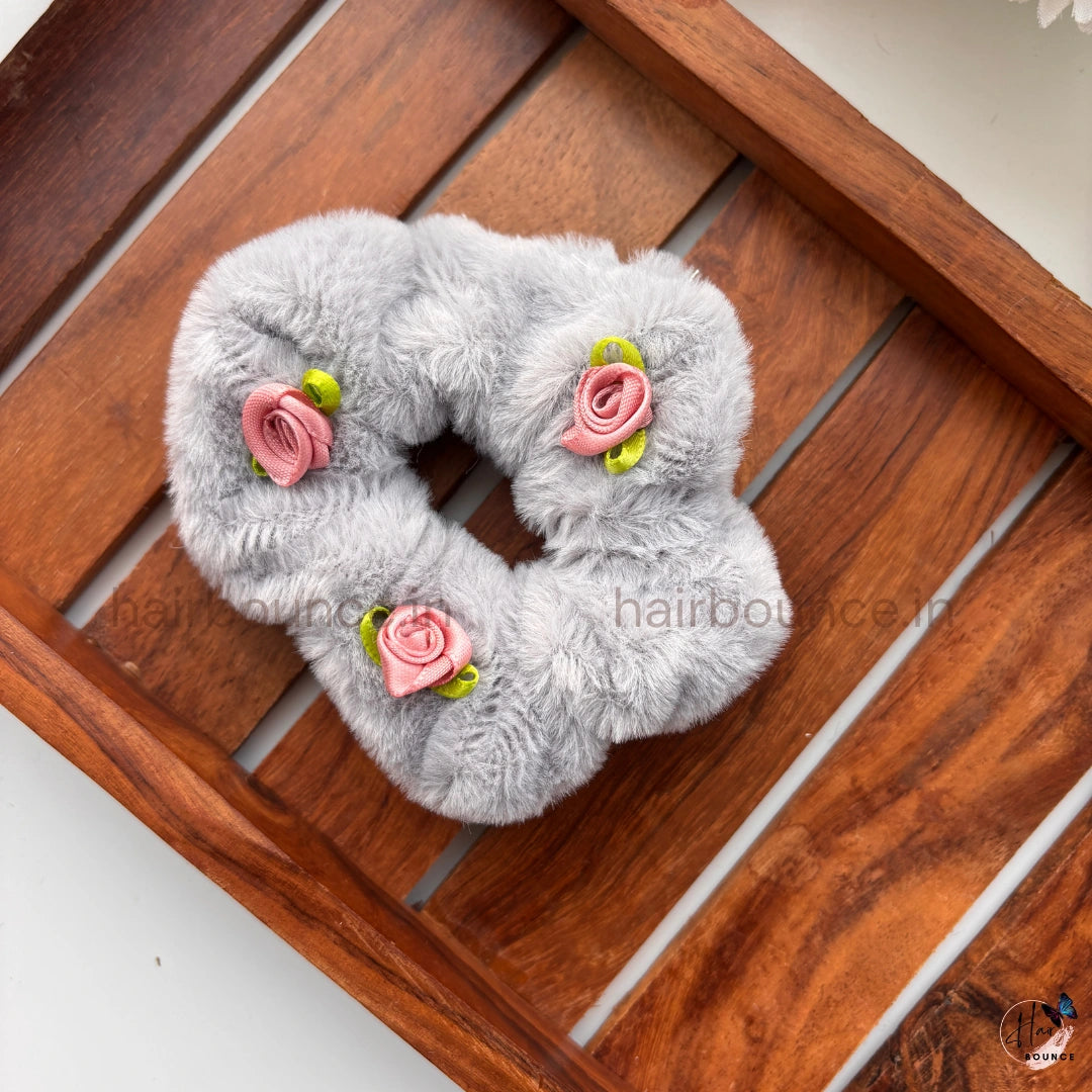Fur Floral Scrunchie – Soft Plush Hair Tie with Rose Detail