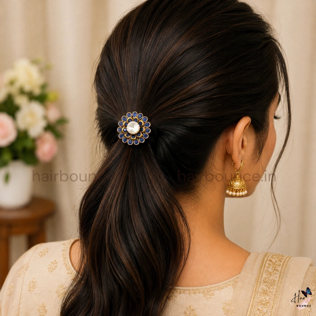 Royal Blue Kundan Floral Hair Tie with Crystal Stone