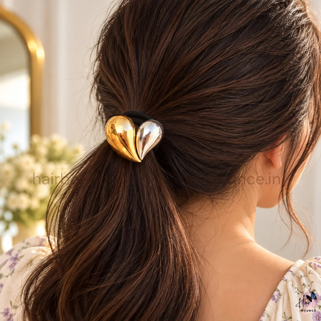 Elegant Dual Tone Heart Metal Ponytail Holder – Gold & Silver