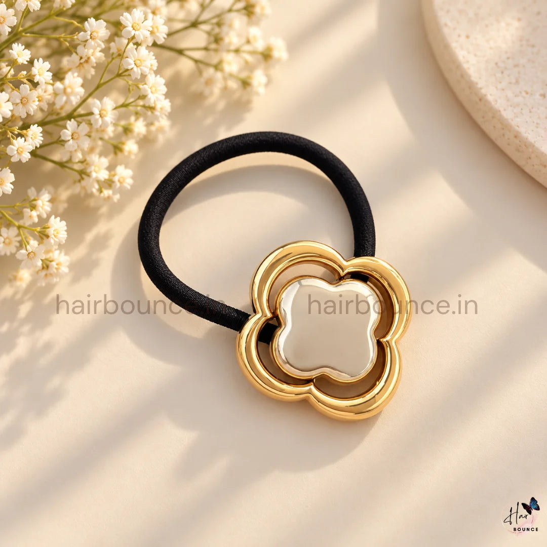 Elegant Clover Flower Metal Ponytail Holder – Gold & Silver
