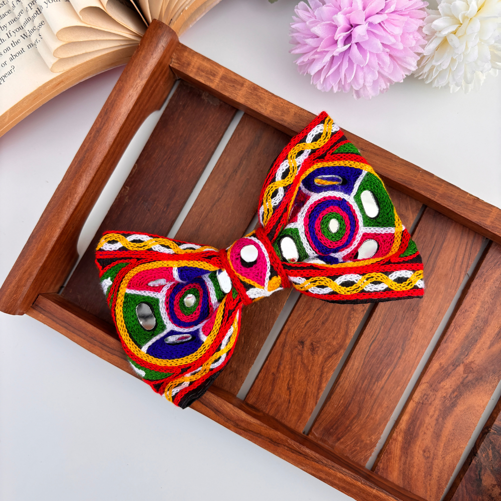 Navratri Circle Embroidery Bow Hair Clip