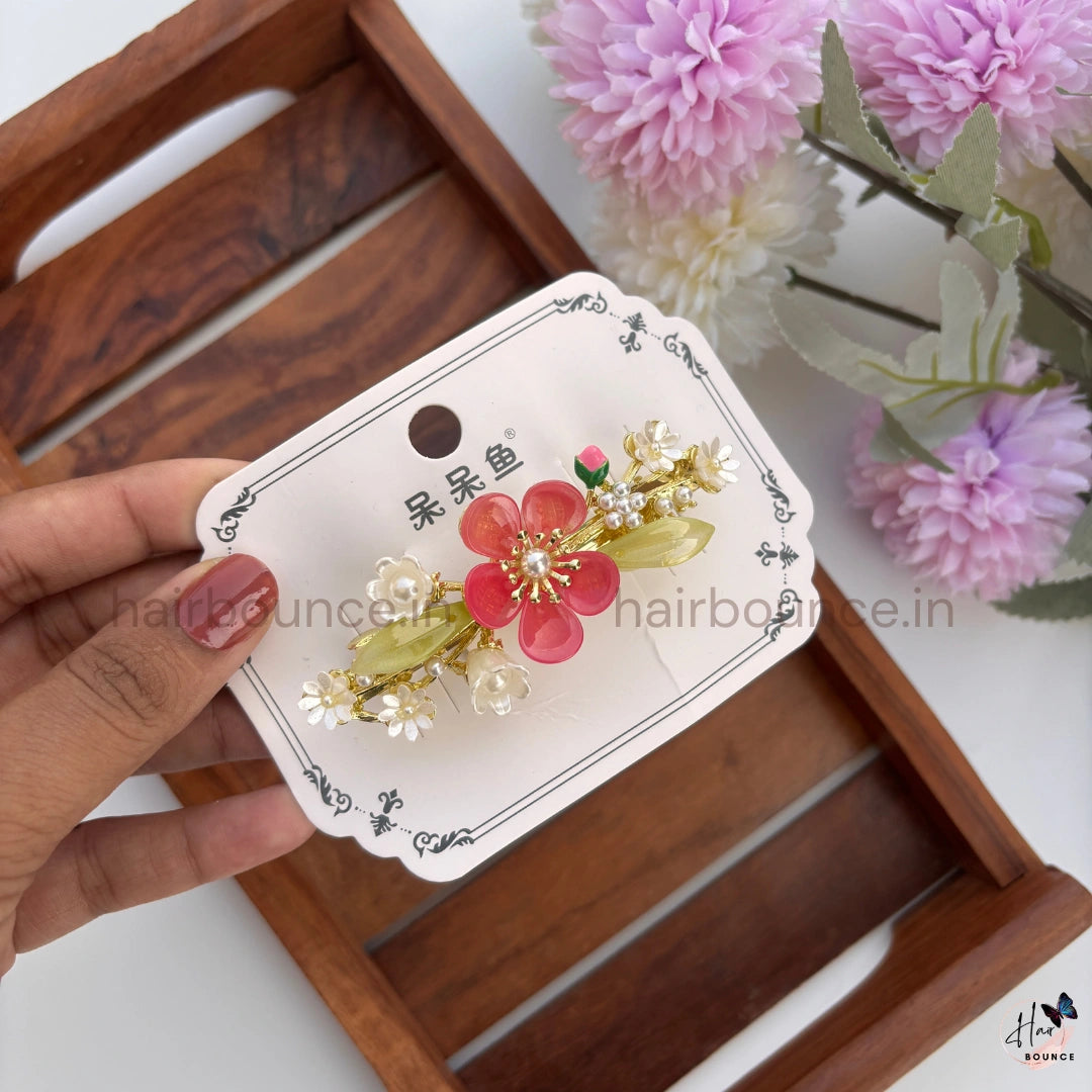 Spring Blossom Pearl Hair Barrette – Elegant Floral Clip