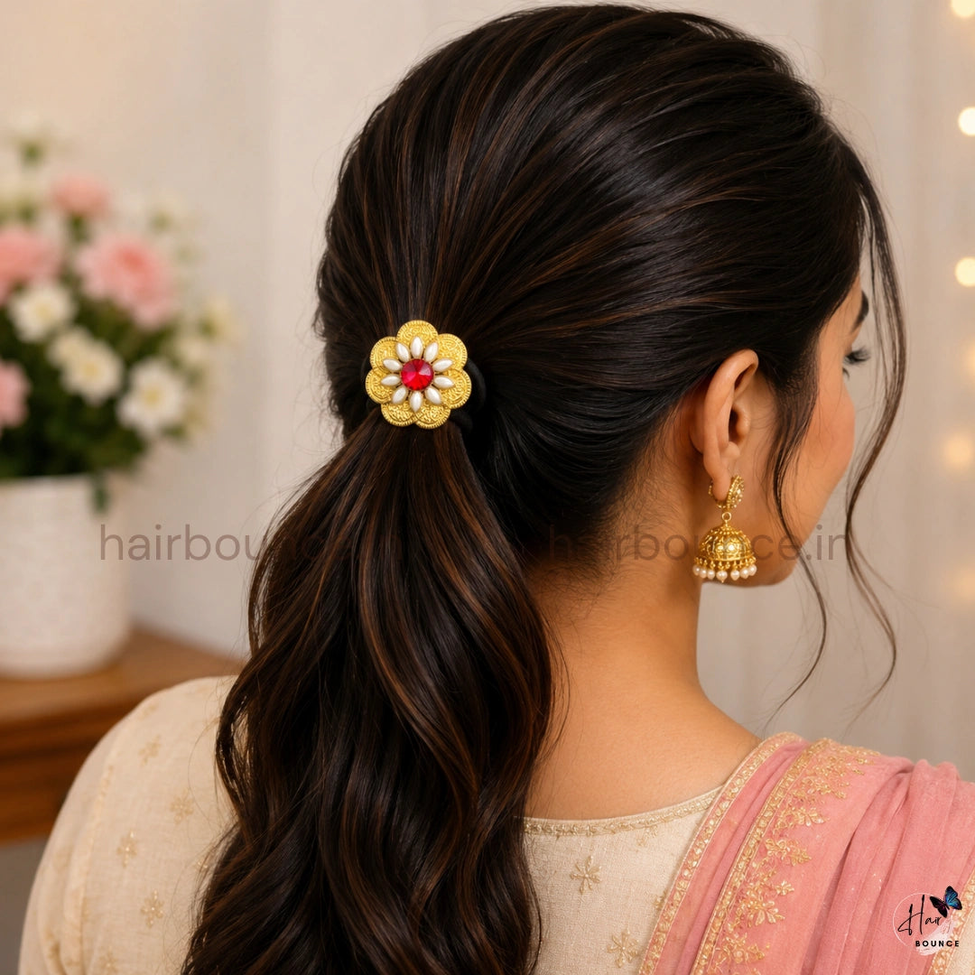 Lakshmi Coin Kundan Floral Hair Tie – Red & White