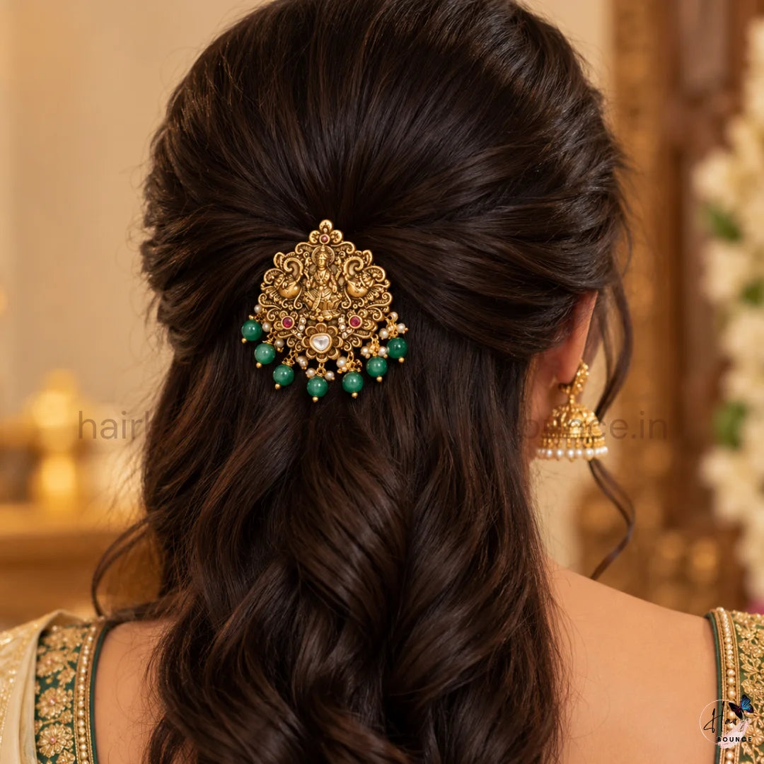 Premium Goddess Lakshmi Peacock Temple Hair Brooch with Kundan & Bead Hangings