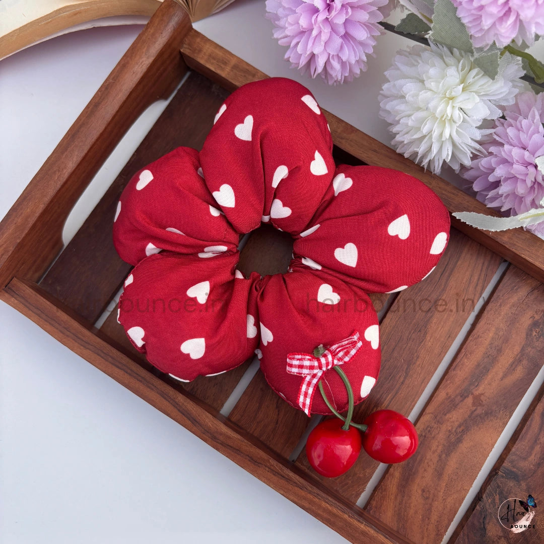 Cherry Crush Printed Scrunchie for Women & Girls | Cute Heart Print Hair Tie