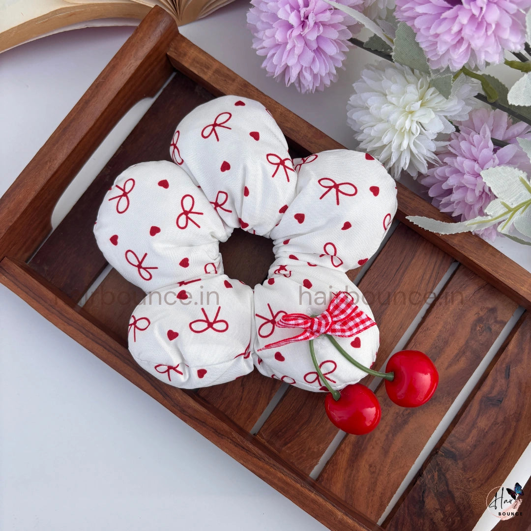 Cherry Crush Printed Scrunchie for Women & Girls | Cute Heart Print Hair Tie