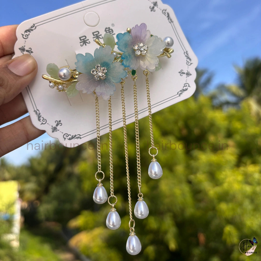 Double Sakura Blossom Pearl Tassel Hair Clip with Dangling Chains