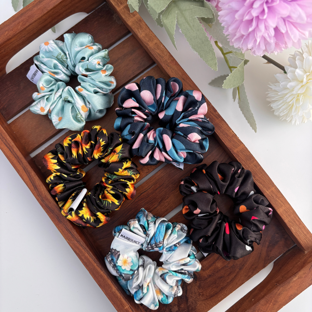 Bloom Pop Satin Scrunchies – Small (Pack of 5)