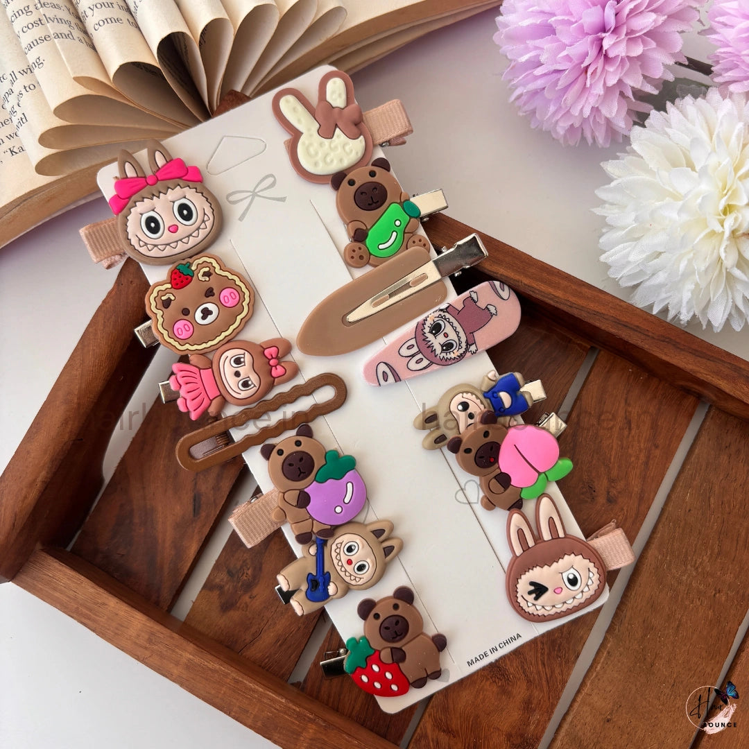 Cute Cartoon Hair Clip Set – 14 Piece Combo Card / Brown Mix