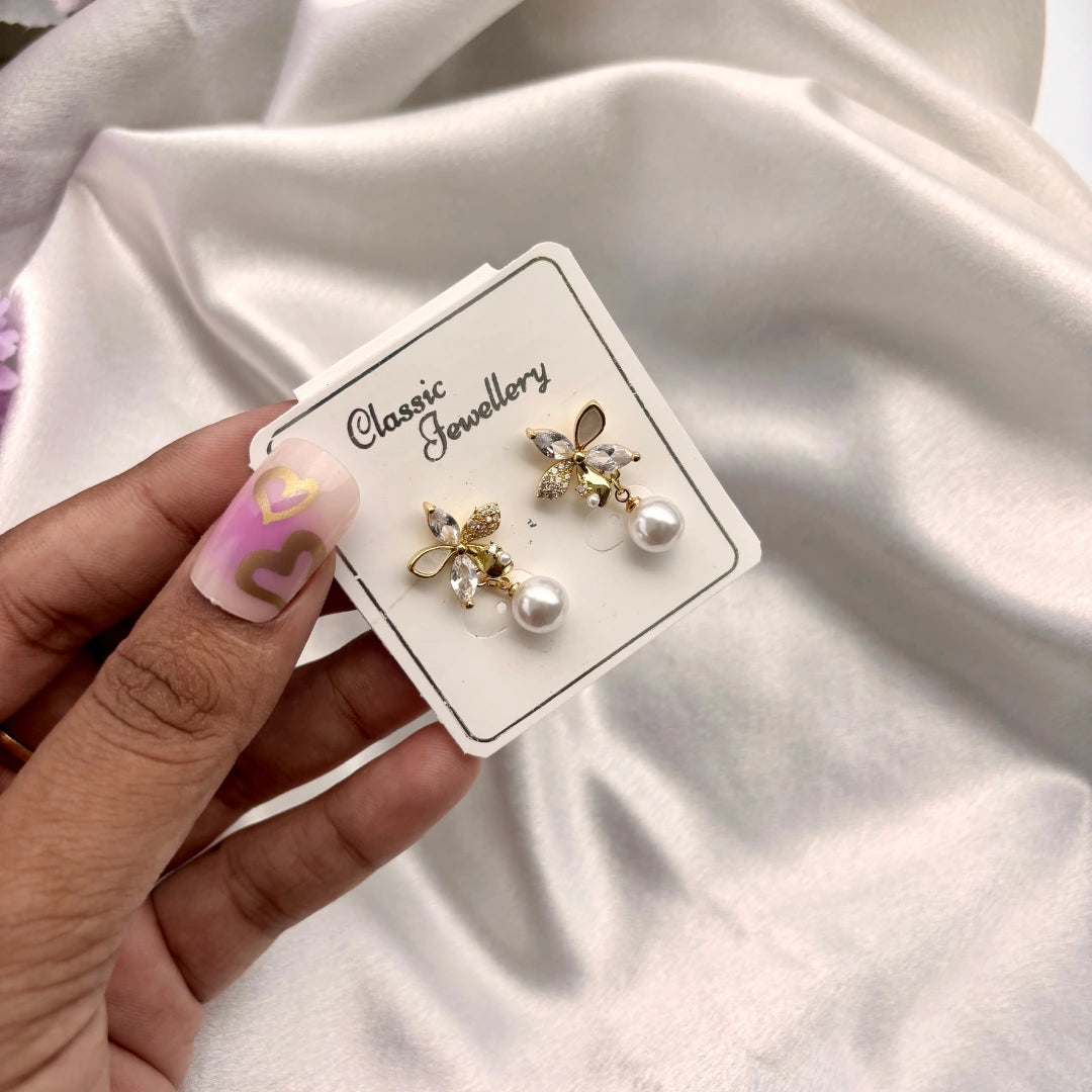 Crystal Pearl Bow Studs