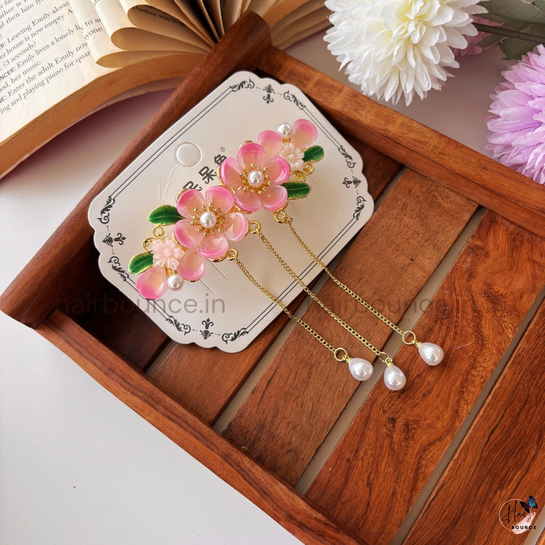 Blossom Pearl Chain Hair Clip – Elegant Floral Dangling Metal Barrette