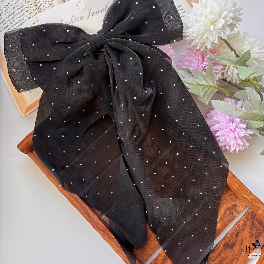 Elegant Rhinestone Sheer Bow Hair Clip – Oversized Statement Ribbon Bow