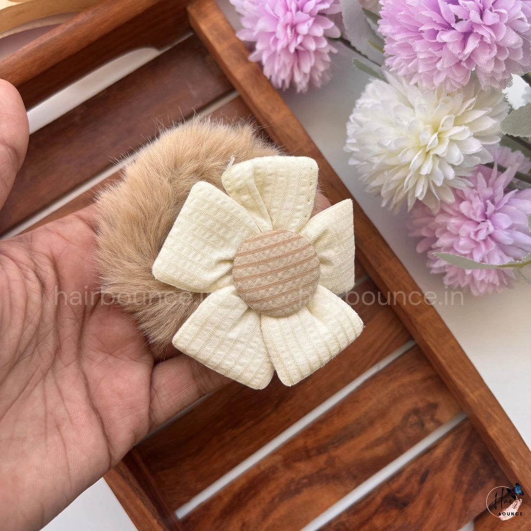 Fluffy Daisy Fur Scrunchie | Soft Plush Floral Hair Tie for Women & Girls