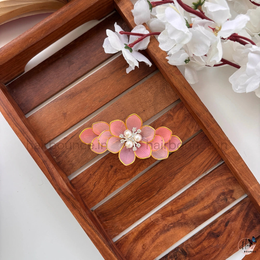 Peach Orange Floral Pearl Center Hair Clip