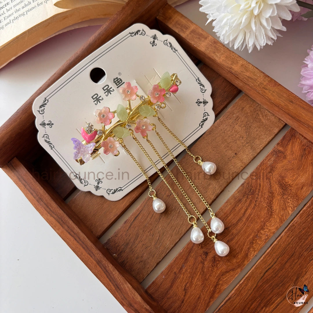 Celestial Blossom Pearl Tassel Hair Clip – Elegant Floral Dangle Barrette
