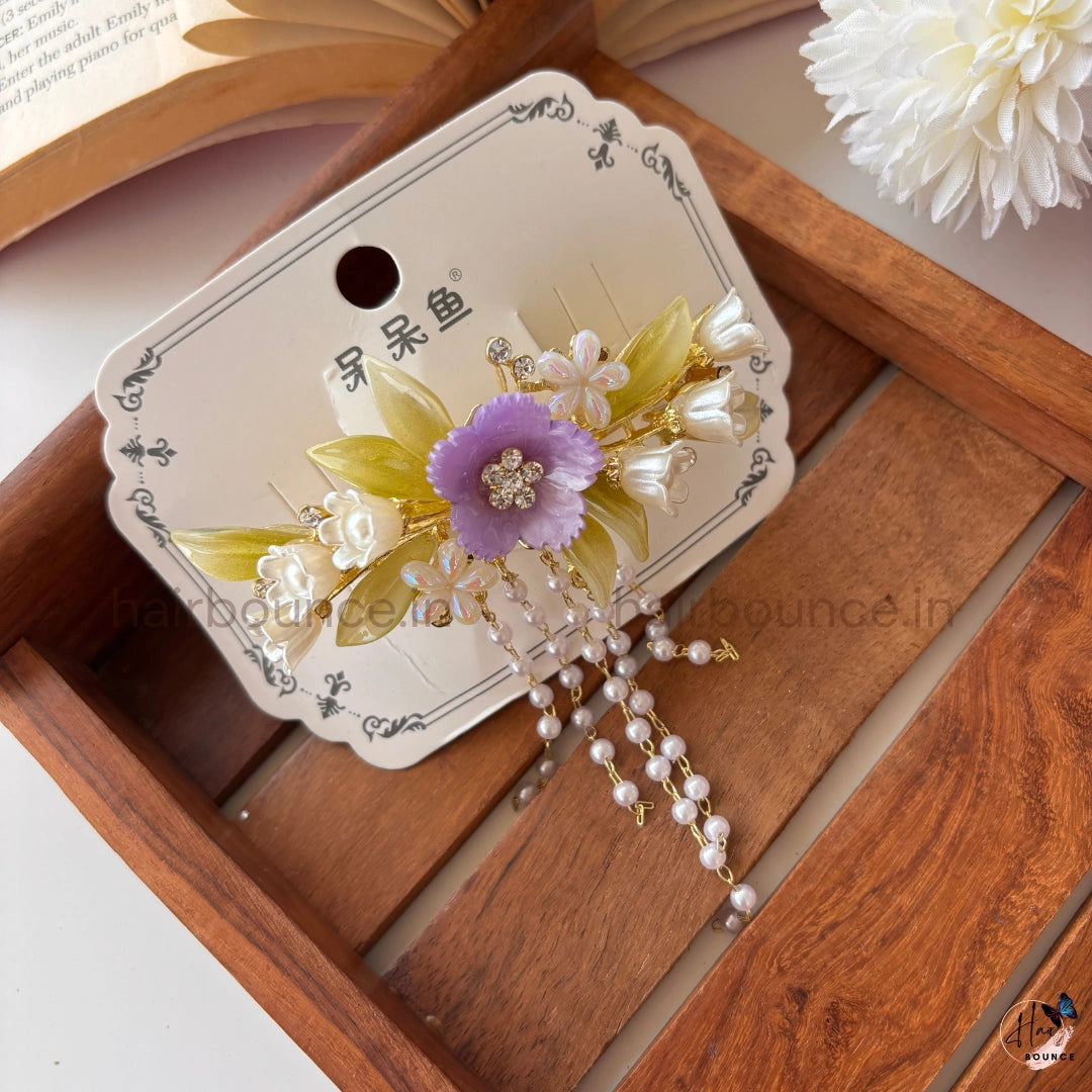 Bloom Pearl Tassel Metal Hair Clip – Elegant Floral Center Clip for Women
