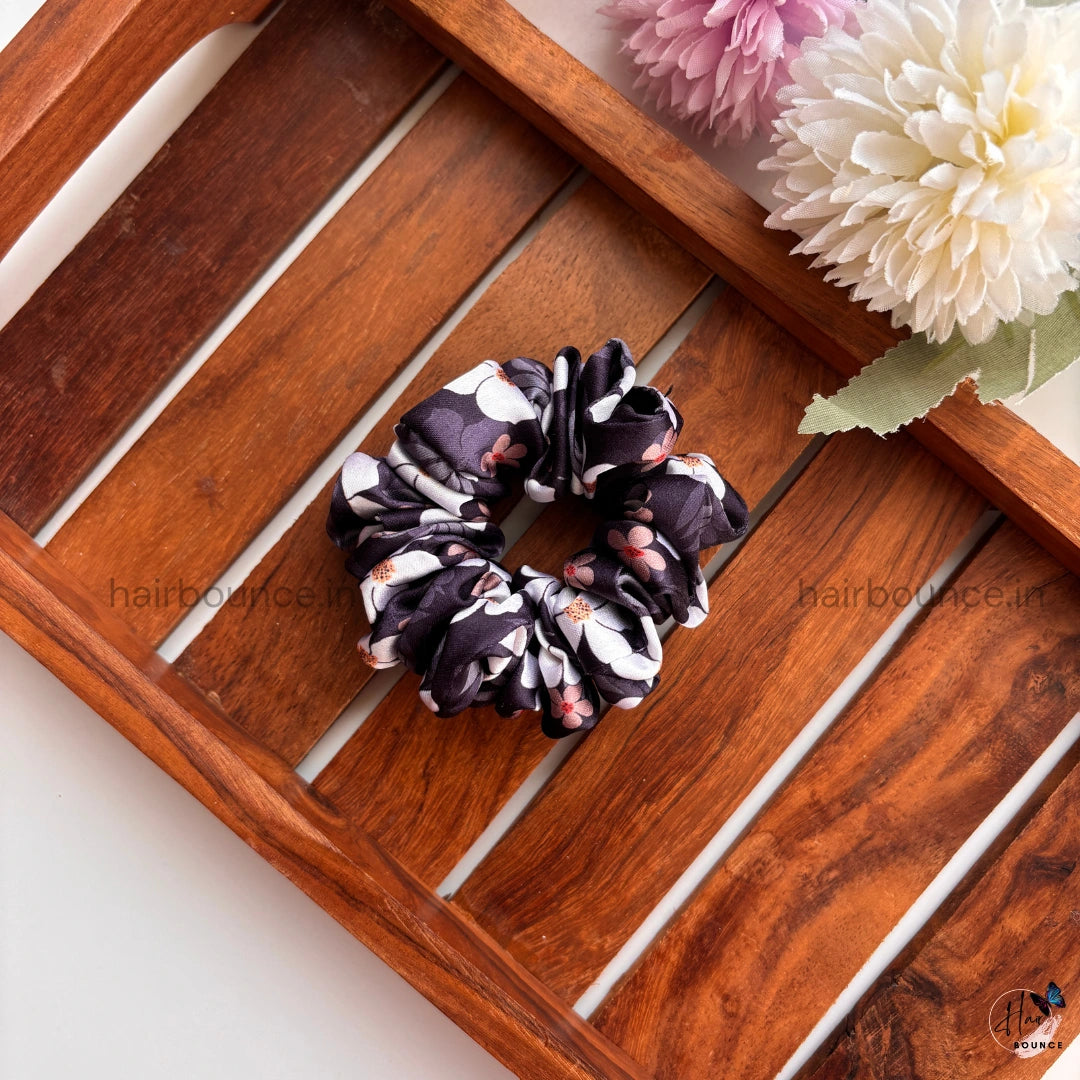 Midnight Bloom Floral Satin Scrunchie – Small