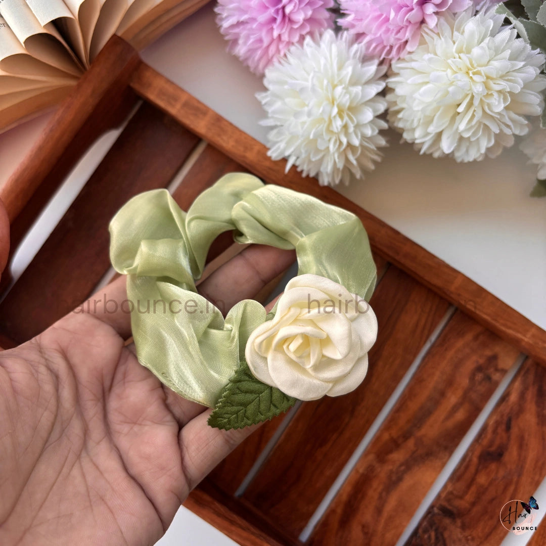 Elegant Satin Floral Scrunchie – Soft Silk Hair Tie with Rose Detail