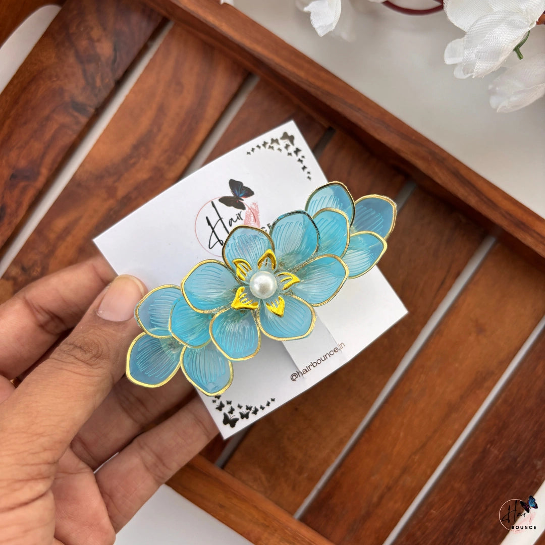 Aqua Bloom Floral Center Hair Clip with Pearl Accent