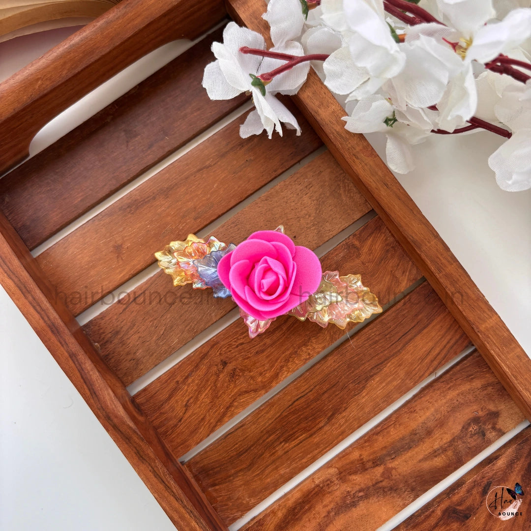 Hot Pink Rose Leaf Floral Center Hair Clip