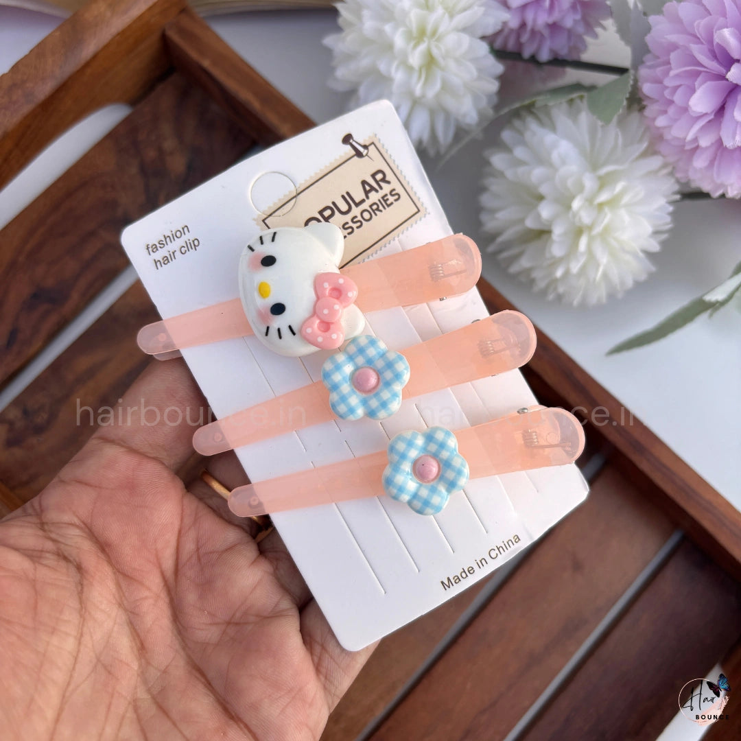 Kitty Flower Snap Hair Clips for Kids (Pack of 3) / Assorted Flower Colours
