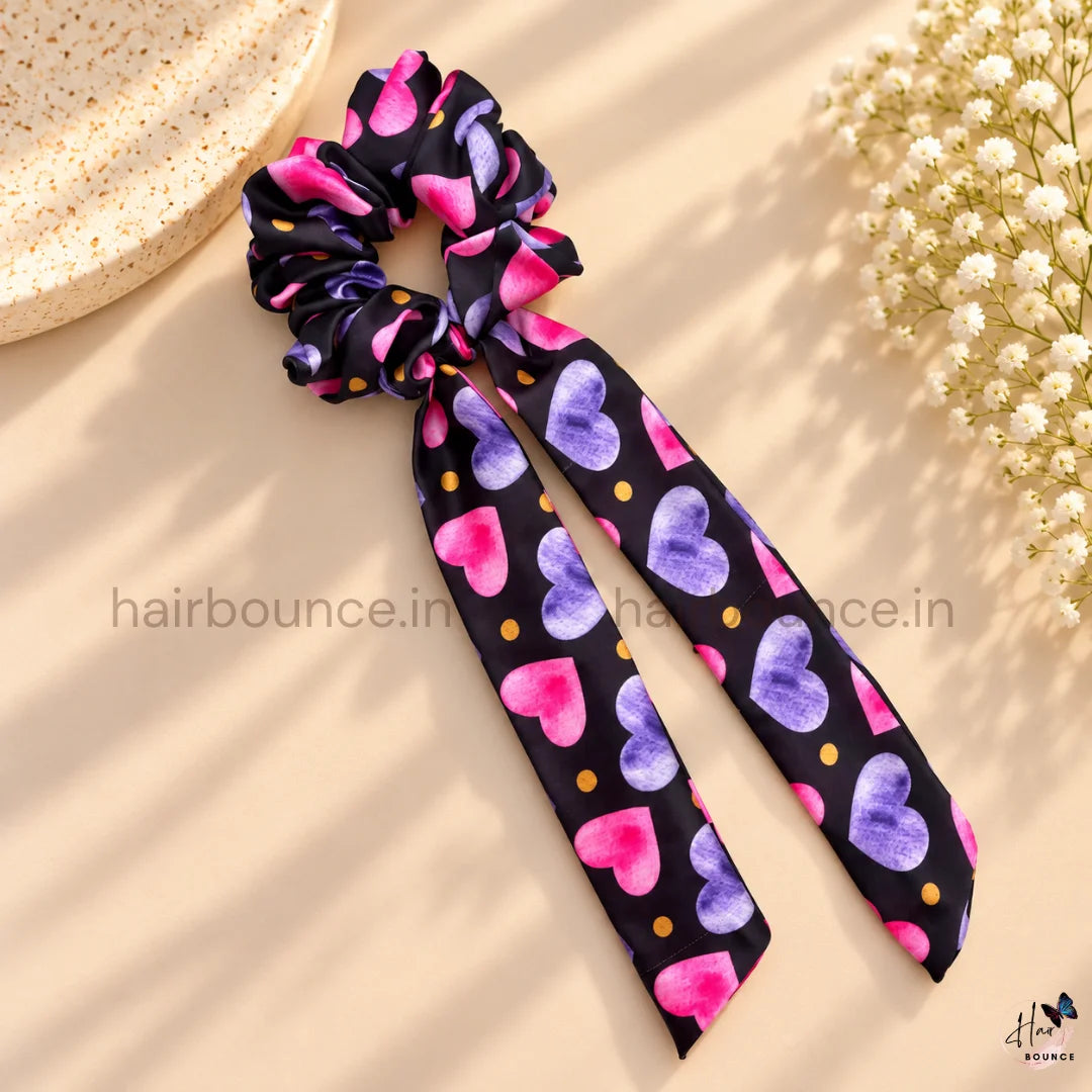 Sweetheart Printed Satin Tail Scrunchie – Black