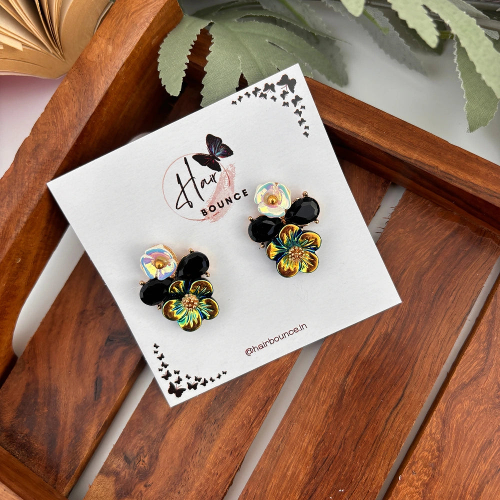 Iridescent Bloom Crystal Studs - Black