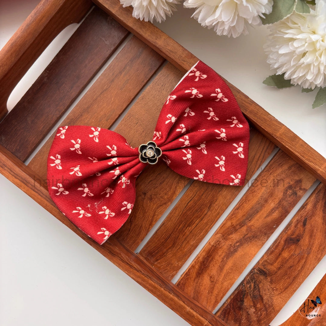 Floral Print Bow Hair Clip with Center Charm