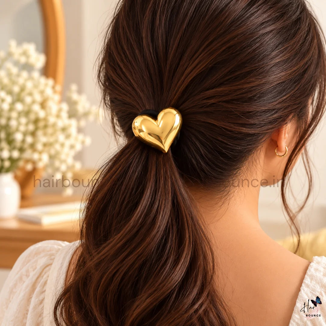 Golden Puffy Heart Metal Ponytail Holder