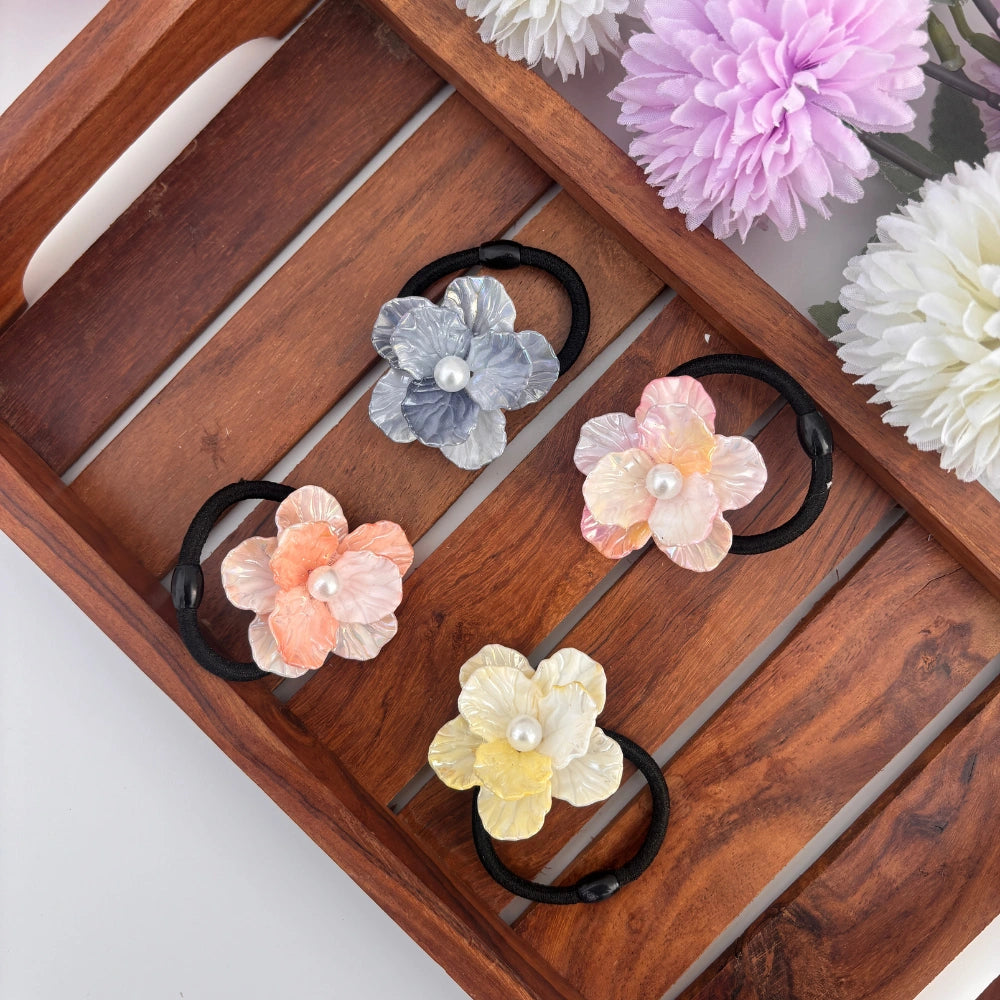 Iridescent Pearl Flower Hair Tie Set – Pack of 4