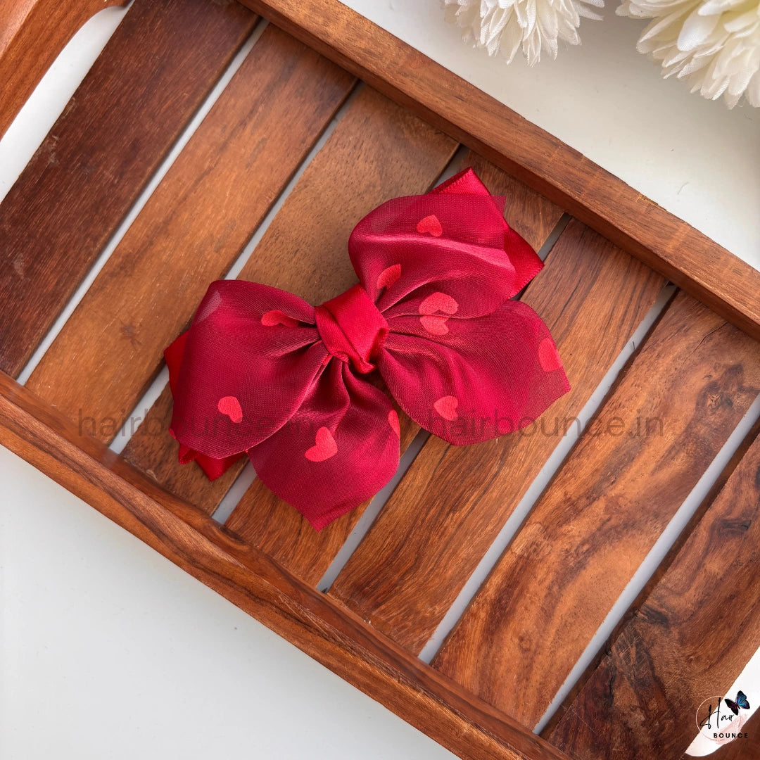 Heart Print Organza Bow Hair Clip