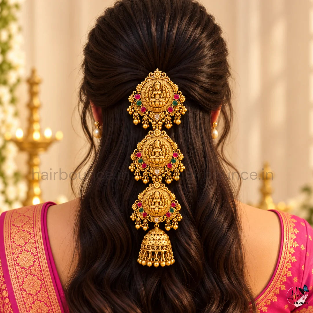 Divine Lakshmi Antique Temple Jada Billa with Jhumka Hangings