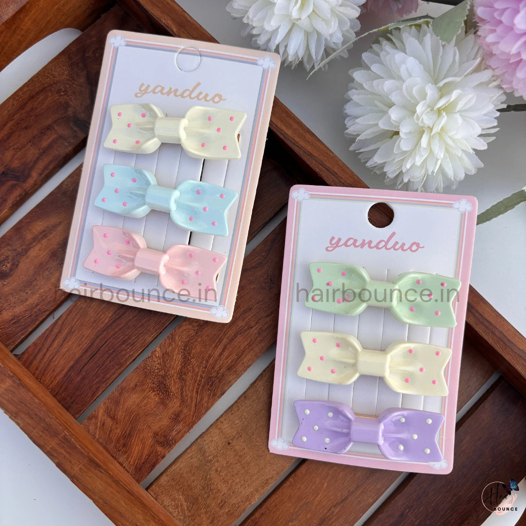 Pastel Polka Bow Tic Tac Hair Clips – Pack of 3 (Assorted Colours)