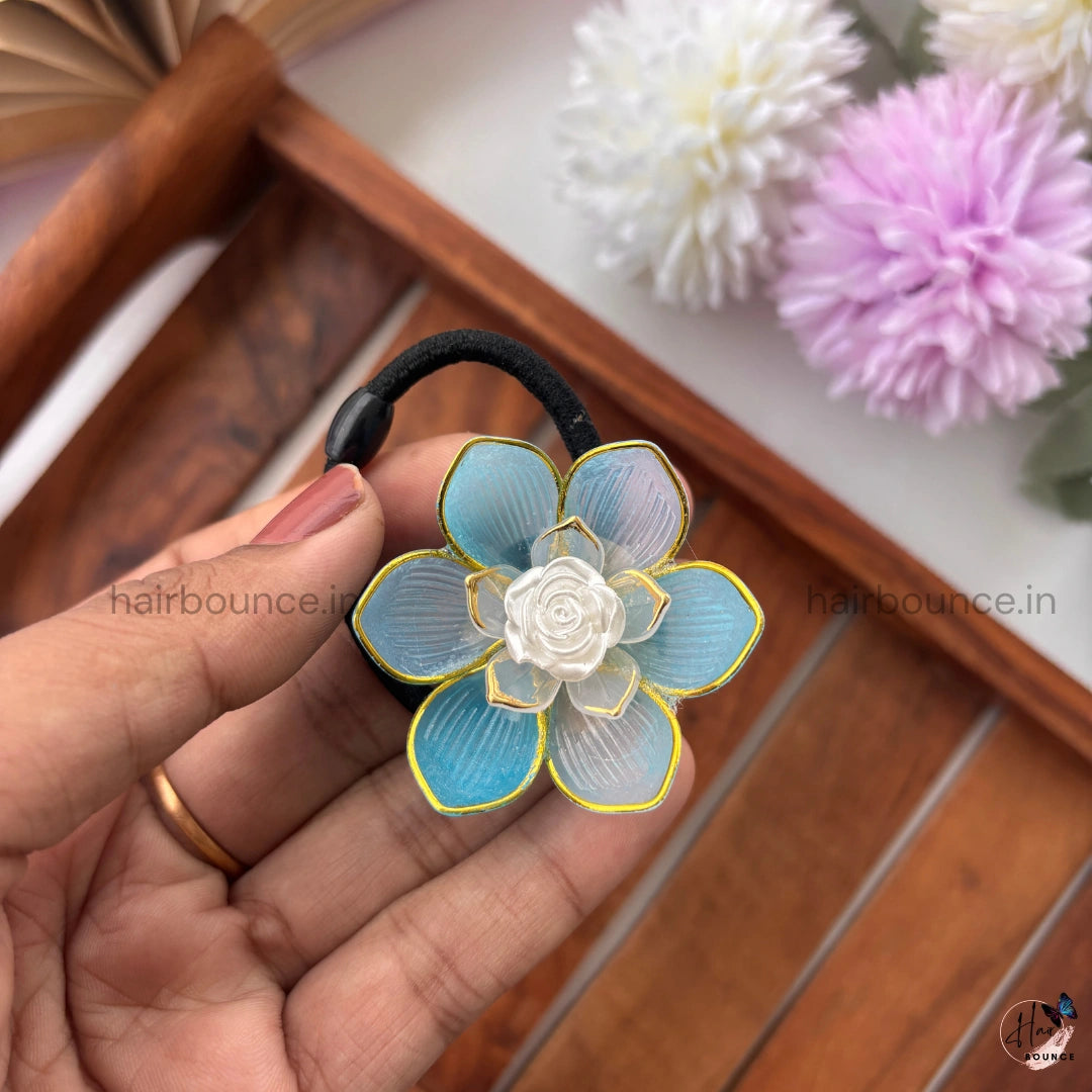 Aqua Blue Rose Bloom Hair Tie