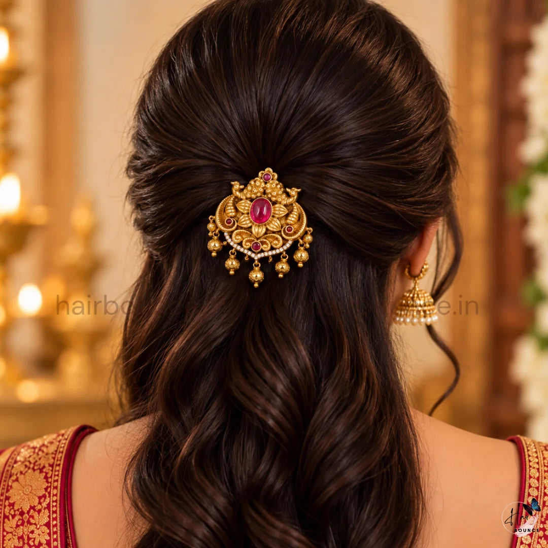 Premium Antique Peacock Kemp Hair Brooch with Ruby Stone & Gold Bead Hangings