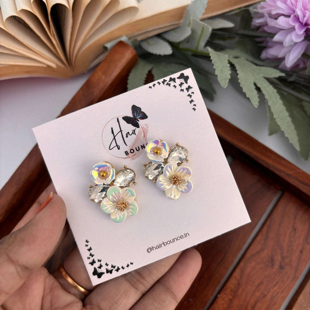 Iridescent Bloom Crystal Studs - White