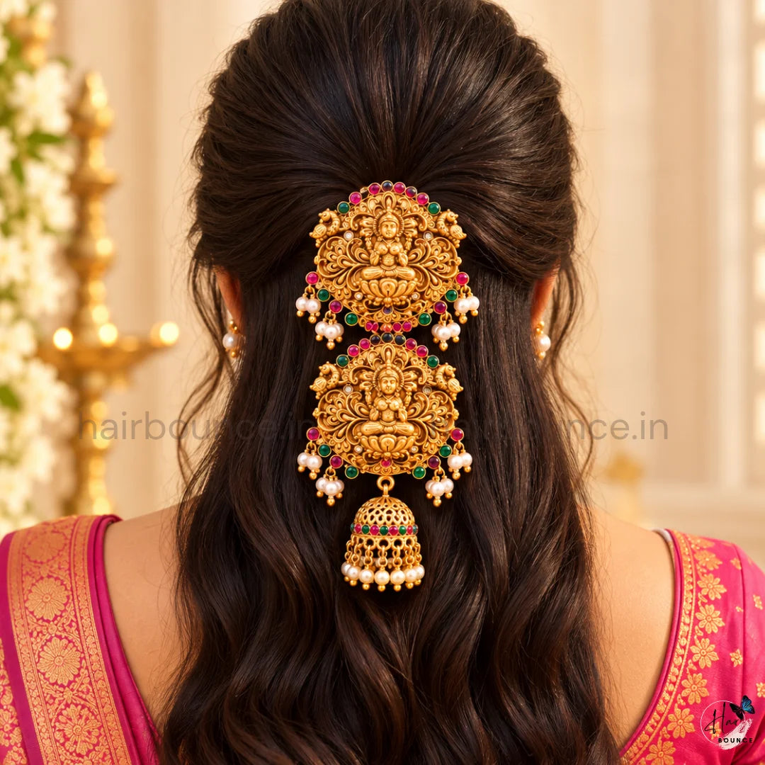 Royal Lakshmi Floral Kemp Jada Billa with Pearl Jhumka Hangings
